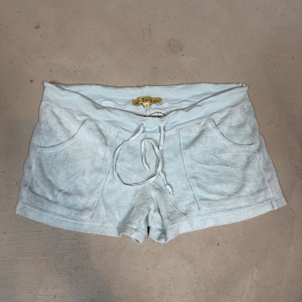 Vintage Green Dragon Blue Terry Cloth Micro Mini Shorts Flower Patch Y2K Women S